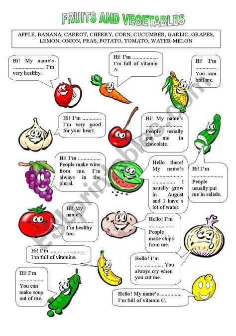 Fruits and vegetables describe themselves and students have to find out their names. | Ingles ...