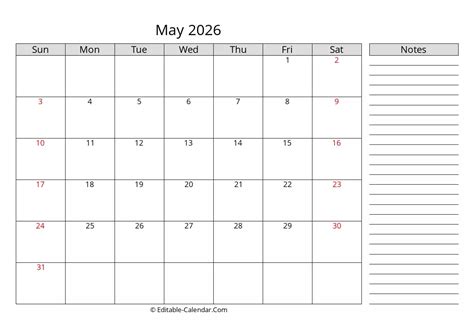 Download May 2026 Calendar With Notes, weeks start on Sunday