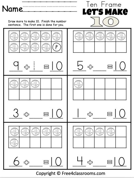 Free Kindergarten 10 Frame Addition - Worksheet - Free Worksheets - Free4Classrooms