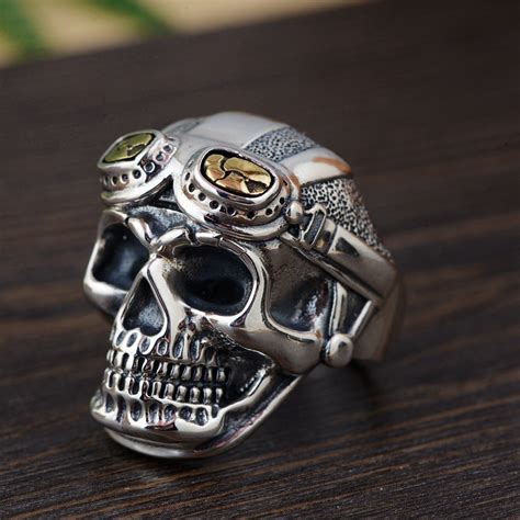 Personalized Biker Rings For Men Genuine 925 Sterling Silver Skull Head With Pilot Glass Mens ...