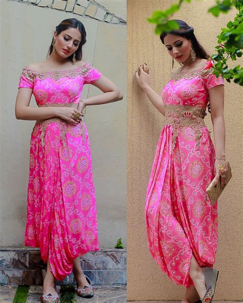 Fuchsia pink, off shoulder Bandhani jumpsuit Indian Gowns, Indian Attire, Pakistani Dresses ...