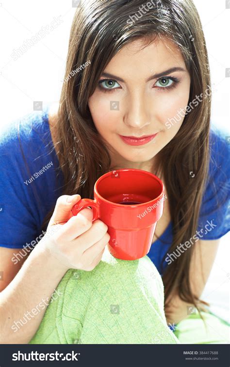 Woman Sitting Bed Red Coffee Cup Stock Photo 384417688 | Shutterstock