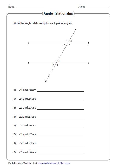 Angles Formed by a Transversal Worksheets