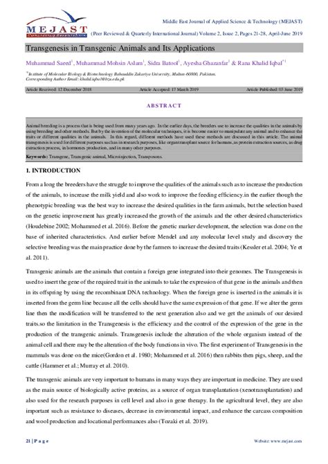 (PDF) Transgenesis in Transgenic Animals and Its Applications | AJAST ...