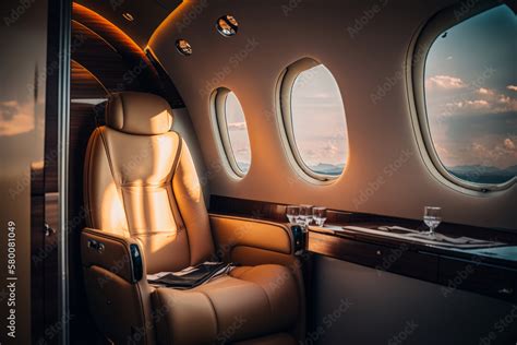 Interior of luxurious private jet with leather seats. Illustration AI ...