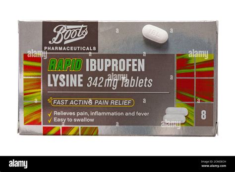 Box of Boots pharmaceuticals Rapid Ibuprofen Lysine 342 mg tablets with one tablet placed on top ...