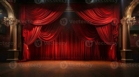 Dramatically Lit Lustrous Red Velvet Theatre Curtains and Wooden Stage Floor. Generative AI ...