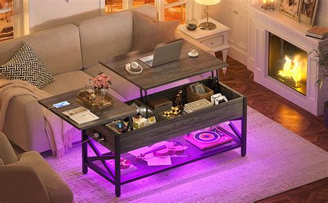 Cyclysio Reversible Lift Top Coffee Table, Living Room Coffee Table with LED Light & Power ...