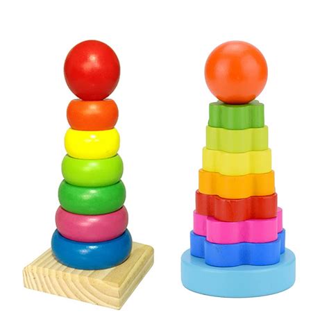 Educational Wooden Rainbow Tower Stacking Toys Stack Up Blocks Donut Rings Early Learning Block ...