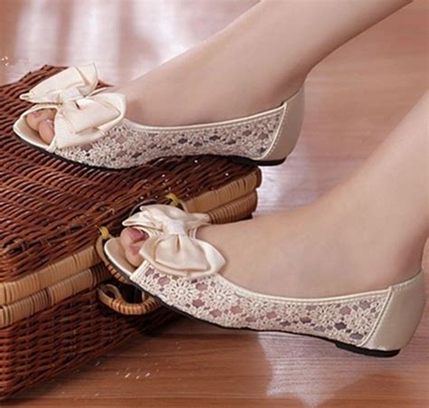 Details about Ivory open toe silk satin lace bow flat ballet Wedding ...