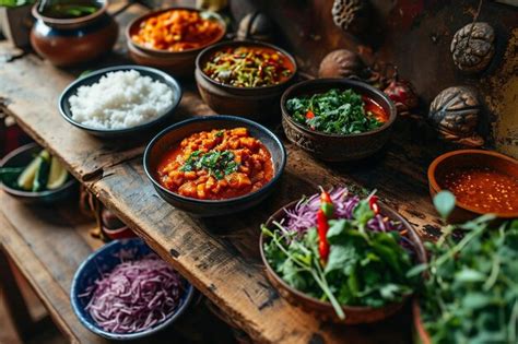 Premium Photo | A wooden table topped with bowls of food