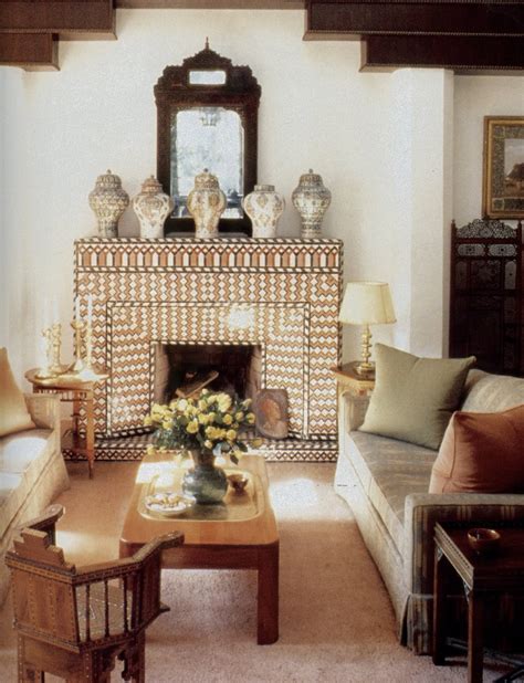 A stately fireplace in one of the beautiful salons of Dar es Saada, the ...