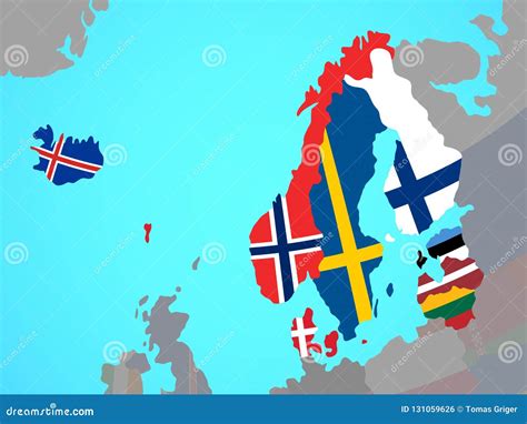 Northern Europe with Flags on Map Stock Illustration - Illustration of ...