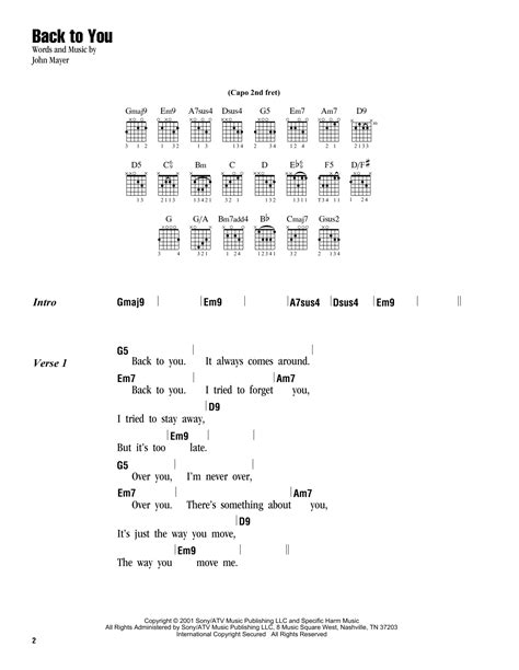 Back To You Sheet Music | John Mayer | Guitar Chords/Lyrics