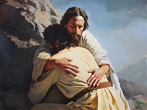 Premium Photo | Jesus Christ hugging and comforting a man oil painting