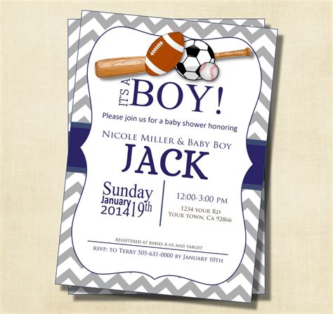 Gray and Blue Chevron Sports Theme Baby Shower Invitation