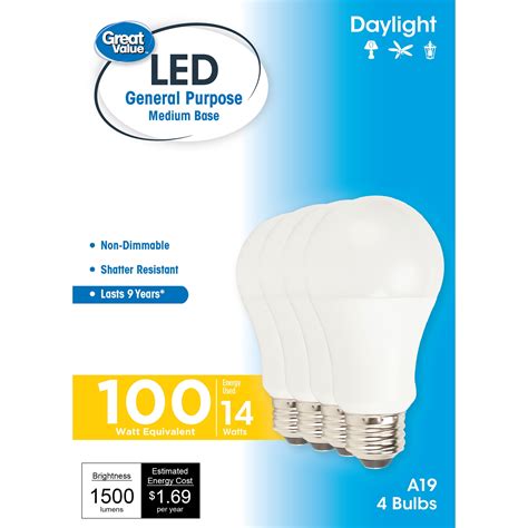 Great Value LED Light Bulb, 14 Watts (100W Equivalent) A19 General Purpose Lamp E26 Medium Base ...