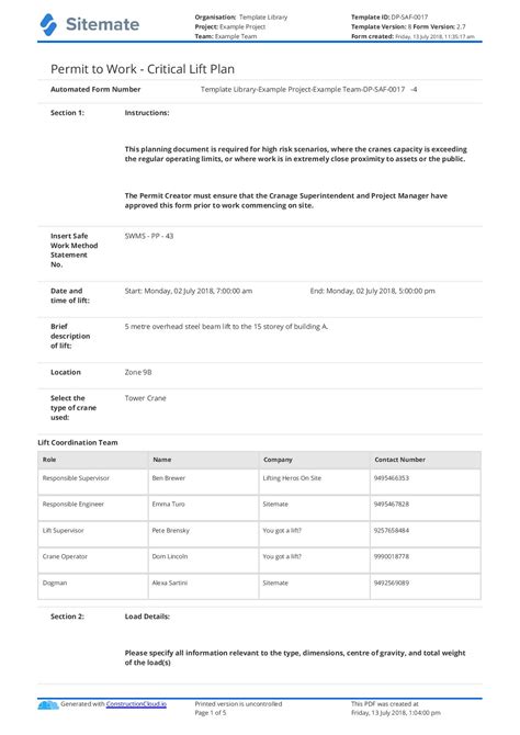 Critical Lift Plan Template: Free and Customisable