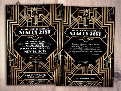 Great Gatsby birthday invitation, Roaring 20's, Hollywood film theme party invite. Black and ...