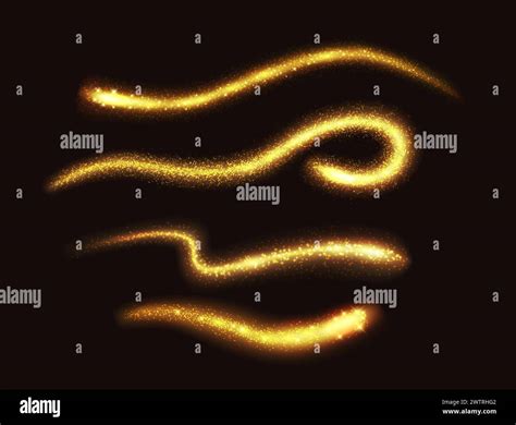 Magic golden glitter trails realistic vector illustration set. Shimmering waving light traces 3d ...