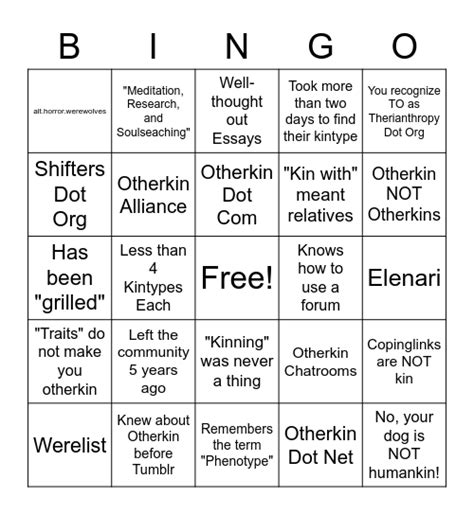 Otherkin Graymuzzle Bingo Card