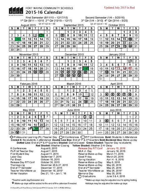 2015 - 2016 FWCS School Calendar | Fort Wayne Community Schools – Fort ...