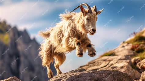 Premium Photo | The goat jumps on the rocks in the mountains generative ai