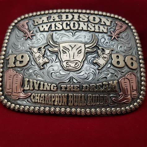 1986 RODEO TROPHY BUCKLE VINTAGE MADISON WISCONSIN BULL RIDING CHAMPION ...