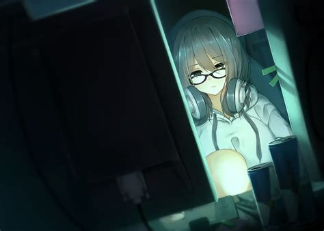 HD wallpaper: anime girl, computer, glasses, headset, brown hair ...