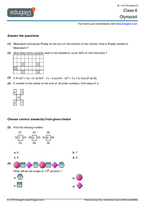 Year 6 Olympiad: Printable Worksheets, Online Practice, Online Tests and Problems | Edugain ...