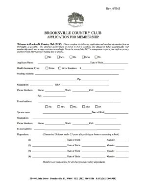 Fillable Online BROOKSVILLE COUNTRY CLUB APPLICATION FOR MEMBERSHIP Fax ...