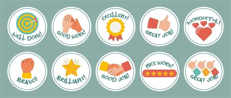 Collection of motivational stickers for great work. Stickers, badges, badges. Flat style, vector ...