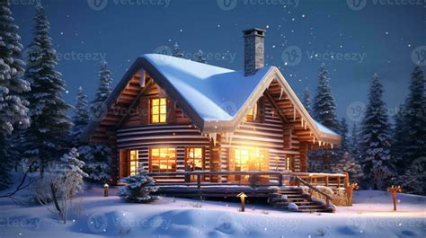 snowy cabin with a porch and stairs lit up at night. generative ai ...