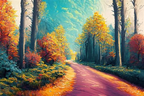 Premium AI Image | A painting of a road in the forest with autumn leaves