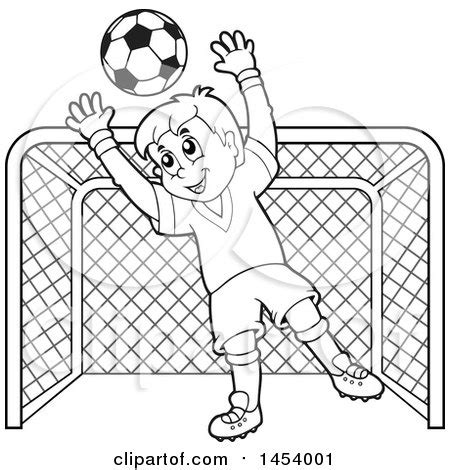 Clipart of a Black and White Lineart Soccer Goalie Boy Blocking a Ball in Front of a Goal ...