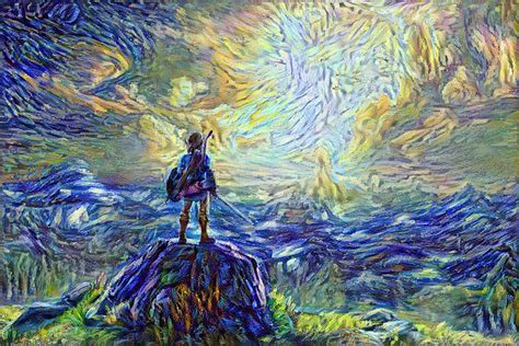 [BoTW] starry night style remake if the cover art for BoTW. (Drawn using AI) : r/zelda