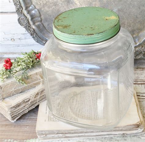 Vintage HOOSIER Glass Jar with GREEN Lid Container Farmhouse Decor ...