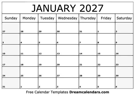 January 2027 Calendar - Free Printable with Holidays and Observances