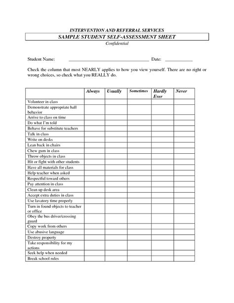 13 Student Self-Evaluation Worksheets / worksheeto.com