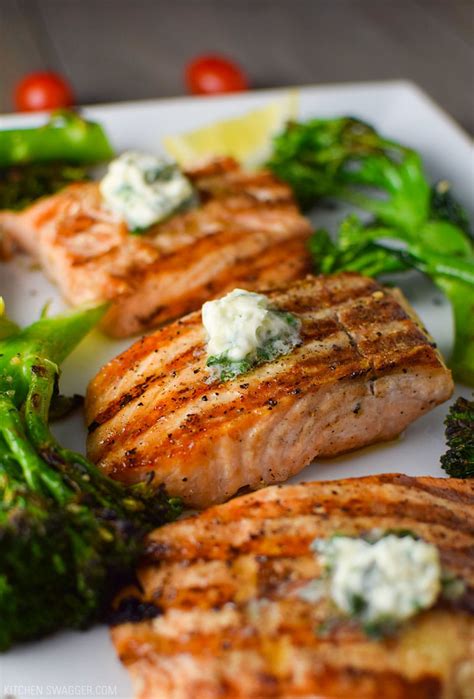 Easy Grilled Salmon with Basil Butter & Broccolini Recipe | Kitchen Swagger