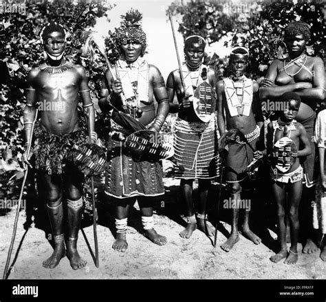 ZULU WARRIORS. /nZulu warriors wearing traditional attire, South Africa. Photograph, early 20th ...