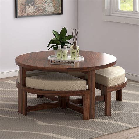 Exeter Solid Wooden Circular Coffee Table with 4 Stools - Natural ...