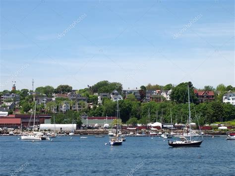 Maine coast wallpaper | Portland Maine Coastline with boats in the water, homes on the s — Stock ...