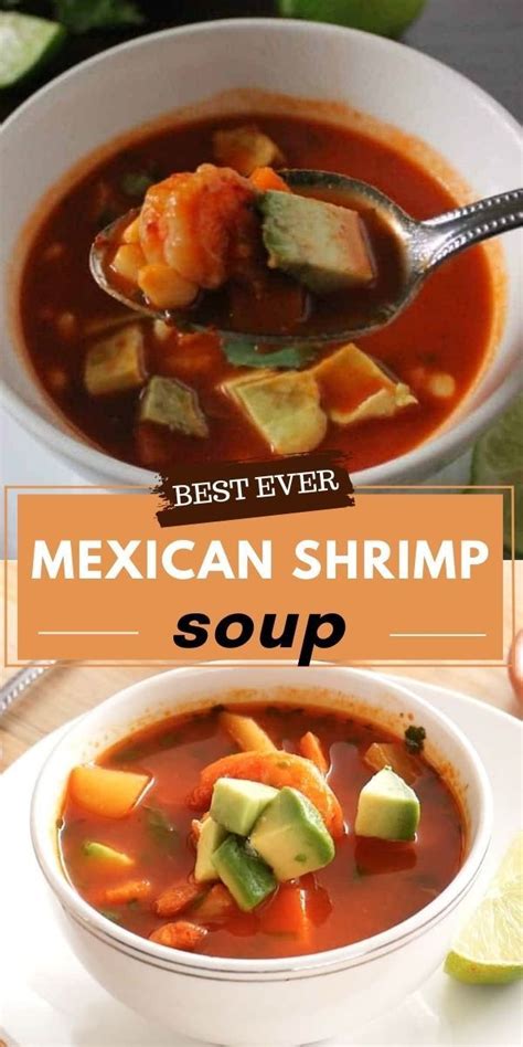 mexican shrimp soup in a white bowl with a spoon