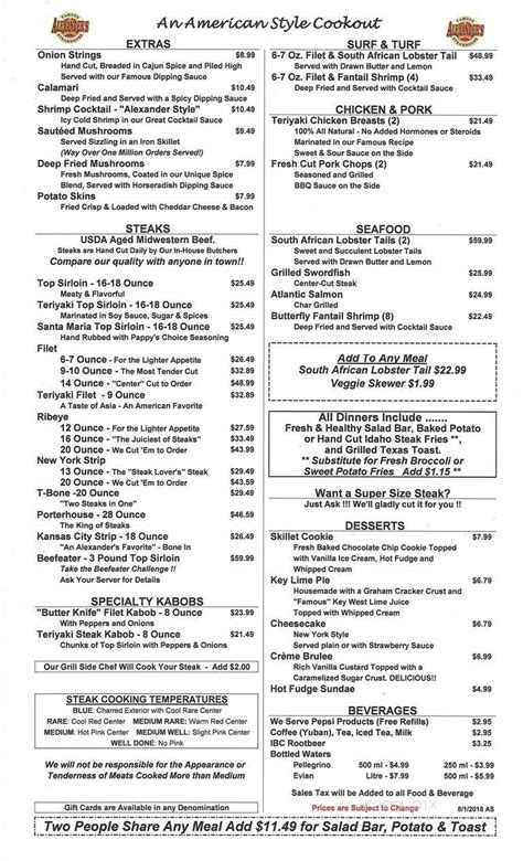 Menu of Alexander's Steakhouse in Springfield, IL 62702