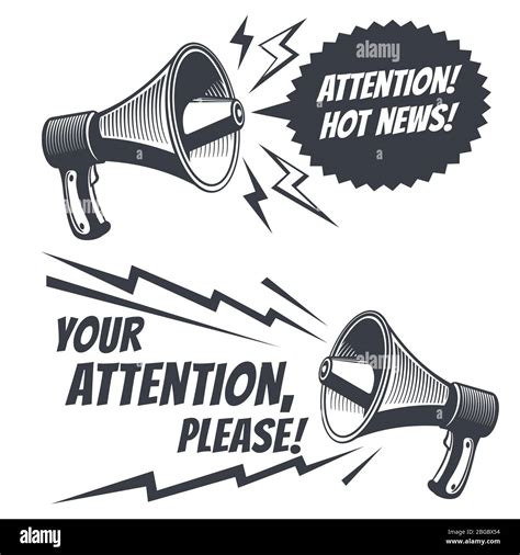 Attention please vector symbols with voice megaphone. Commercial poster with megaphone and ...