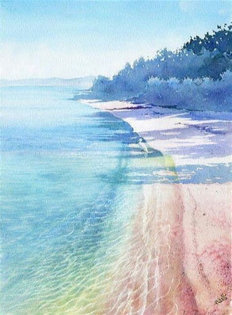 水彩 手绘 ૜……_来自-Crystal_YSM-的图片分享-堆糖 | Watercolor scenery, Beach watercolor, Landscape paintings