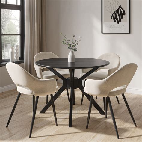 Round Black Dining Table with 4 Beige Fabric Dining Chairs - Karie - Furniture123