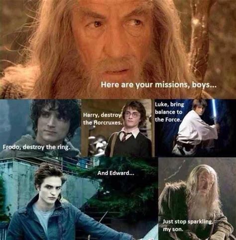 Funny lol The lord of the rings Harry potter Twilight Edward Cullen sparkles Missions Frodo Luke ...