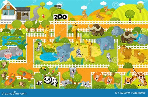 Cartoon Scene with Zoo and Tropical Animals - Illustration Stock ...